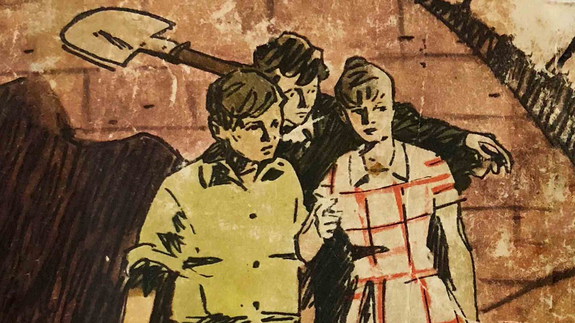 Иллюстрация: трое подростков на фоне кирпичной стены, один держит лопату, другой обнимает девушку в клетчатом платье.