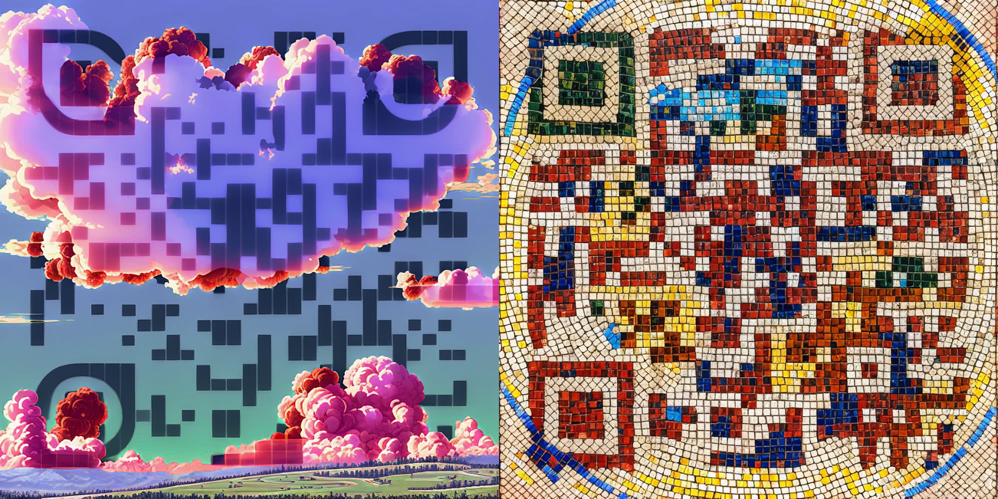 Два QR-кода: слева — цифровой, стилизованный под облака и пейзаж; справа — мозаичный, выполненный из цветных плиток в круглой рамке.