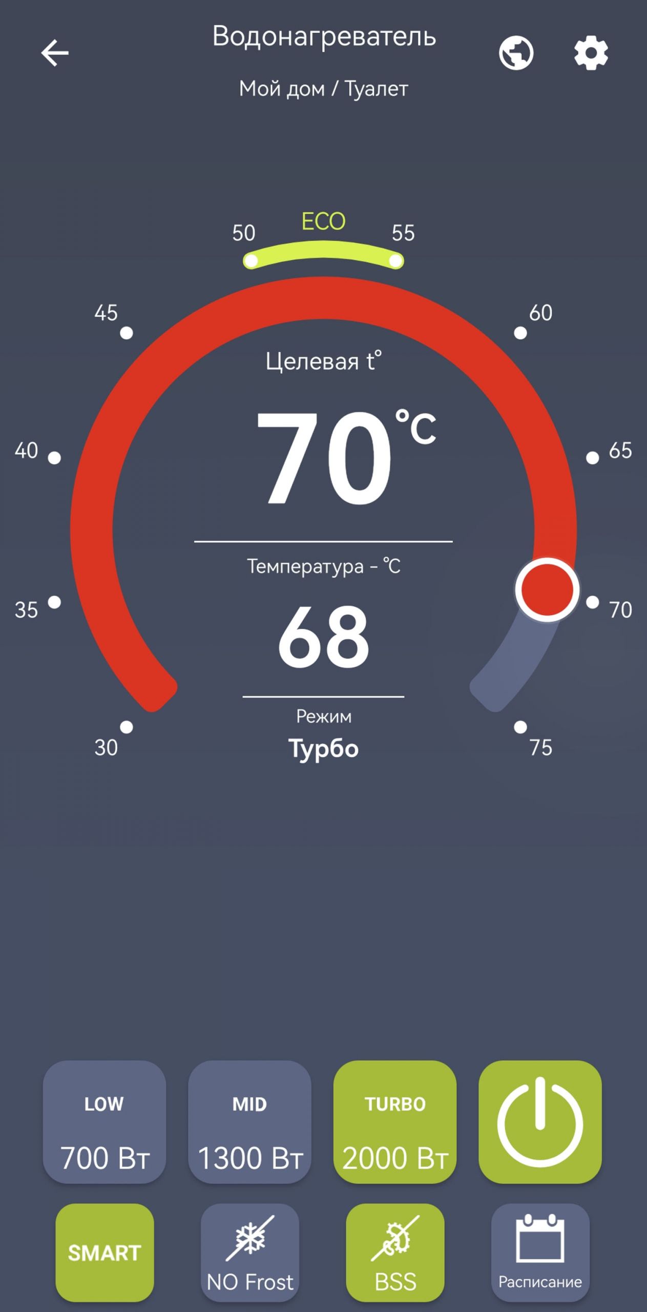 Интерфейс управления водонагревателем: целевая температура 70°C, текущая 68°C, режим «Турбо» (2000 Вт), активны ECO, SMART, BSS; устройство в «Мой дом / Туалет».