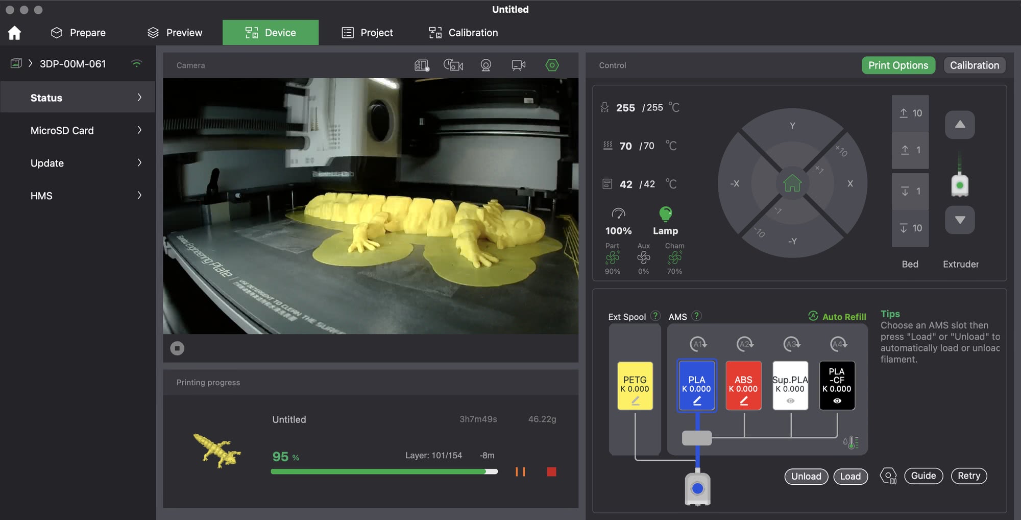 Интерфейс программы для 3D-принтера: на камере виден жёлтый дракон на печатной платформе, прогресс печати 95%, слой 101/154, выбраны материалы PETG, PLA, ABS, Sup.PLA, PLA-CF.