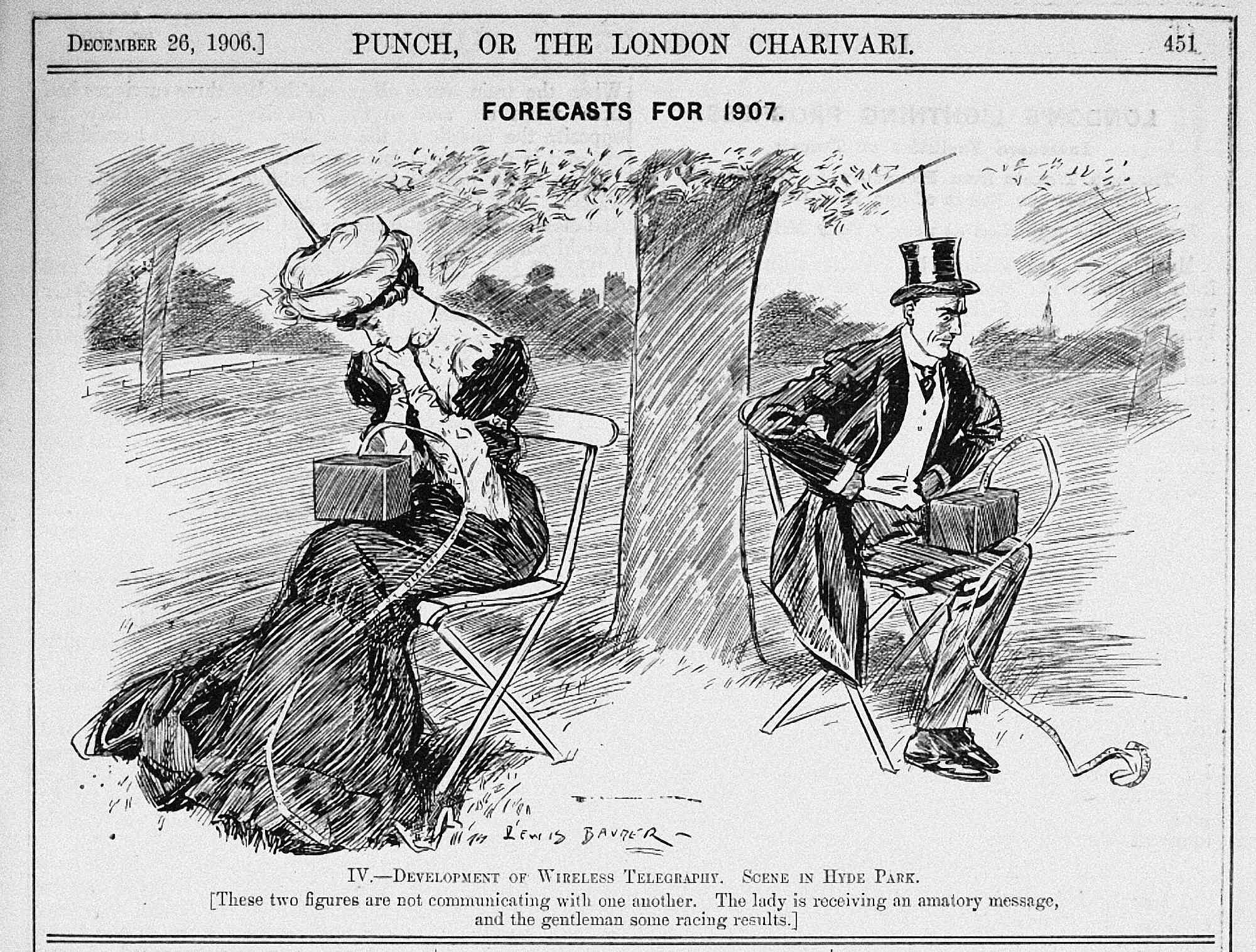 Карикатура «Прогнозы на 1907 год»: леди и джентльмен сидят в парке, используя беспроводной телеграф — леди получает любовное послание, джентльмен — результаты скачек.