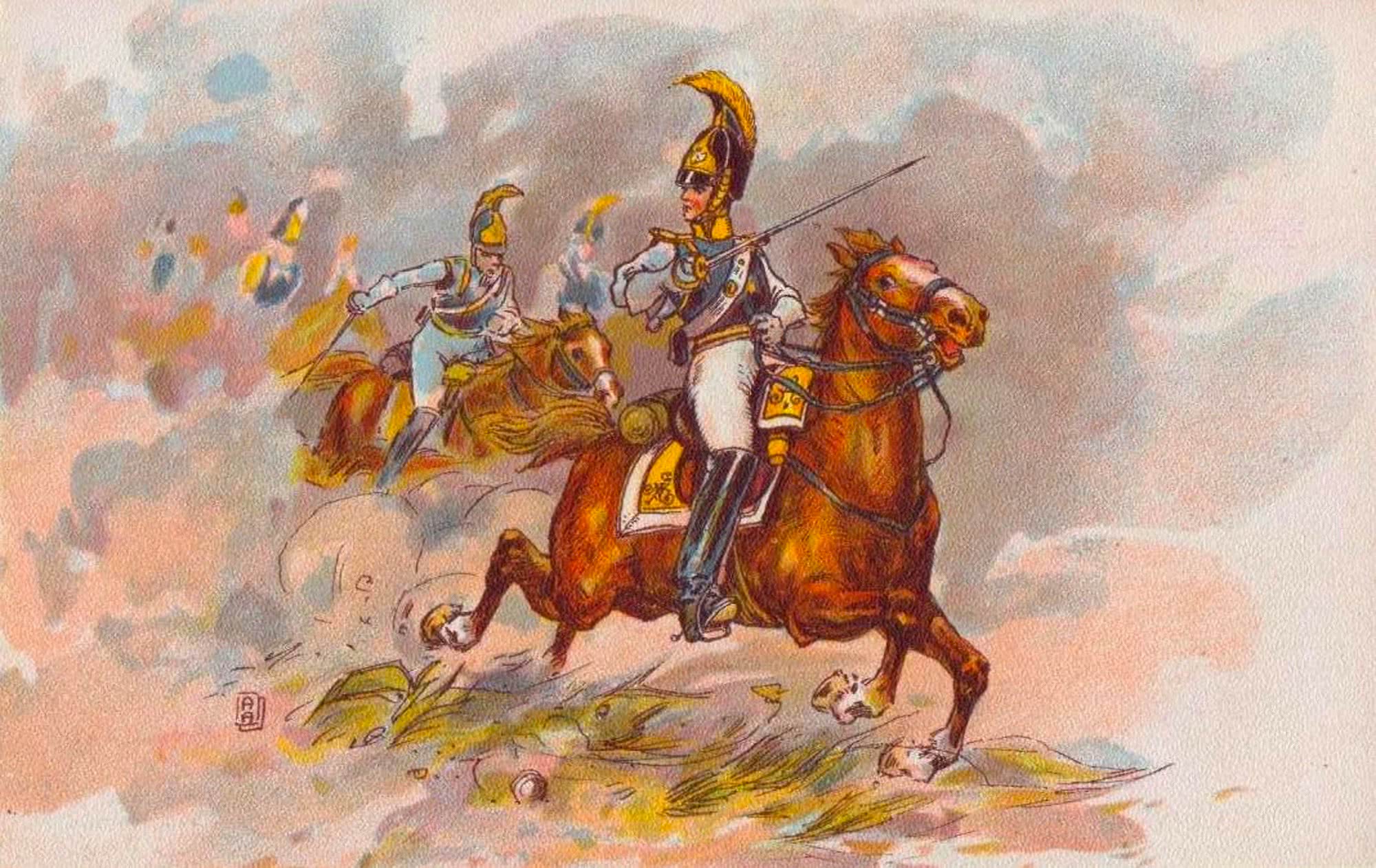 Военные в кирасирских шлемах с султанами скачут на лошадях в атаку, неся сабли наперевес, на фоне дыма и пыли боя.