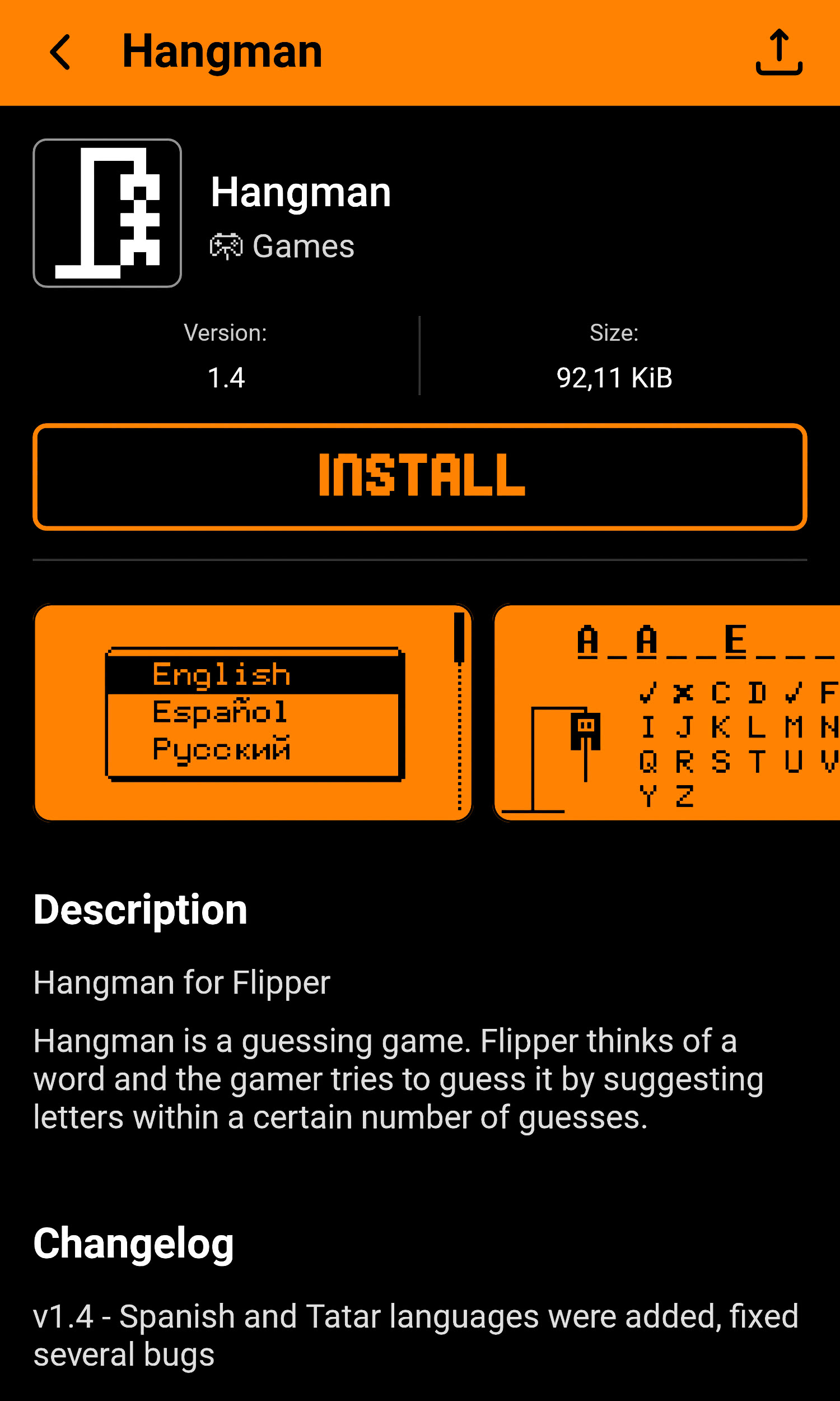 Скриншот страницы приложения Hangman для Flipper: версия 1.4, размер 92,11 КБ, кнопка INSTALL, описание игры и changelog — добавлены испанский и татарский языки, исправлены ошибки.