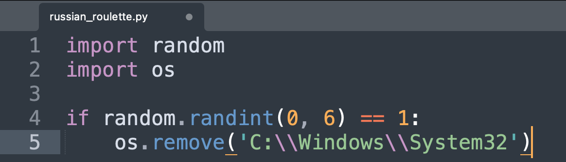 Скриншот кода russian_roulette.py: импорты random, os. Проверка случайного числа 0-6. Если 1 — удаление C:\Windows\System32.