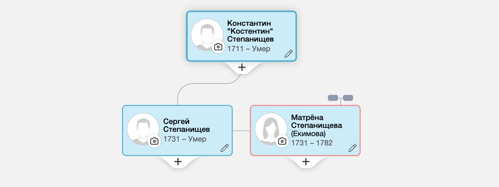 Схема родословной: Константин Степанищев (1711–Умер) — отец Сергея Степанищева (1731–Умер) и Матрёны Степанищевой (Екимовой, 1731–1782).