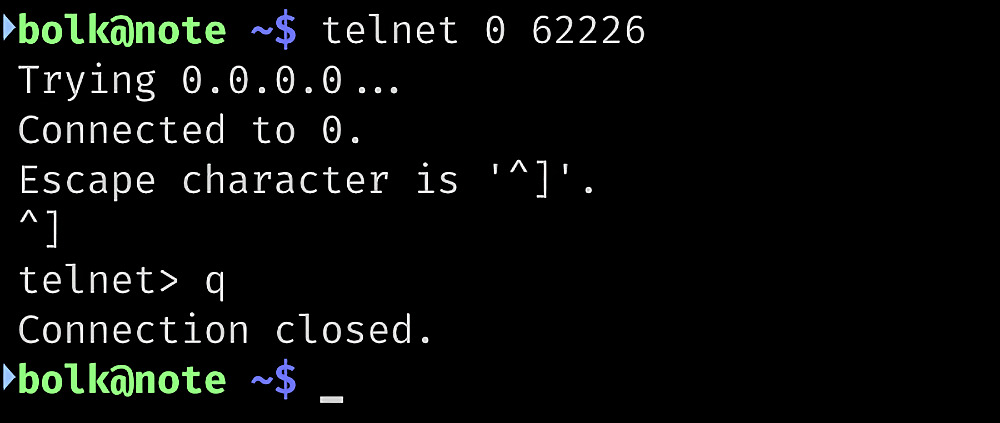 Скриншот терминала: команда `telnet 0 62226` подключается к адресу 0.0.0.0, затем пользователь вводит `^]` и `q`, чтобы закрыть соединение.