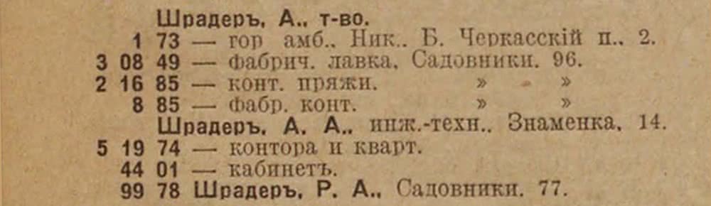 Список адресов и должностей: Шрадер А. (т-во, гор. амб., фабр. лавка, конт. пряжи, инж.-техн., контора и кварт., кабинет), Шрадер Р. А. — Садовники, 77.