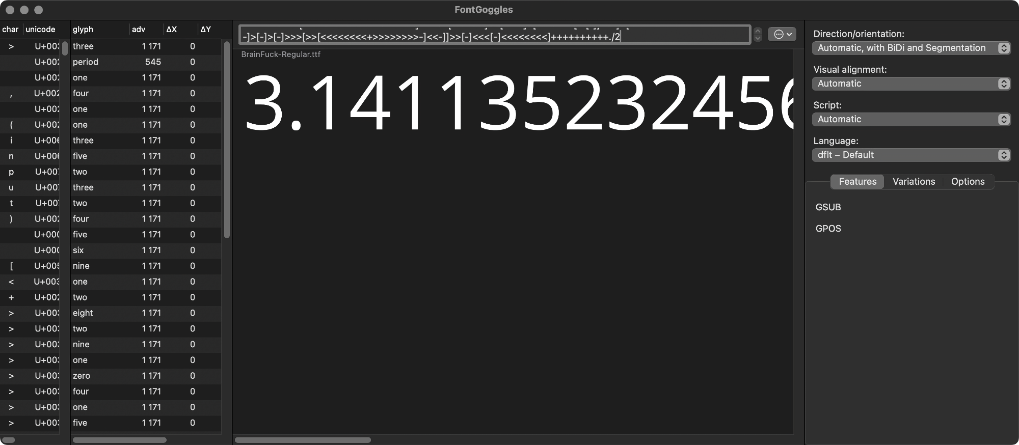 Скриншот интерфейса FontGoggles с кодом Brainfuck и результатом его выполнения — числом 3.141135232456, отображённым крупным шрифтом на тёмном фоне.