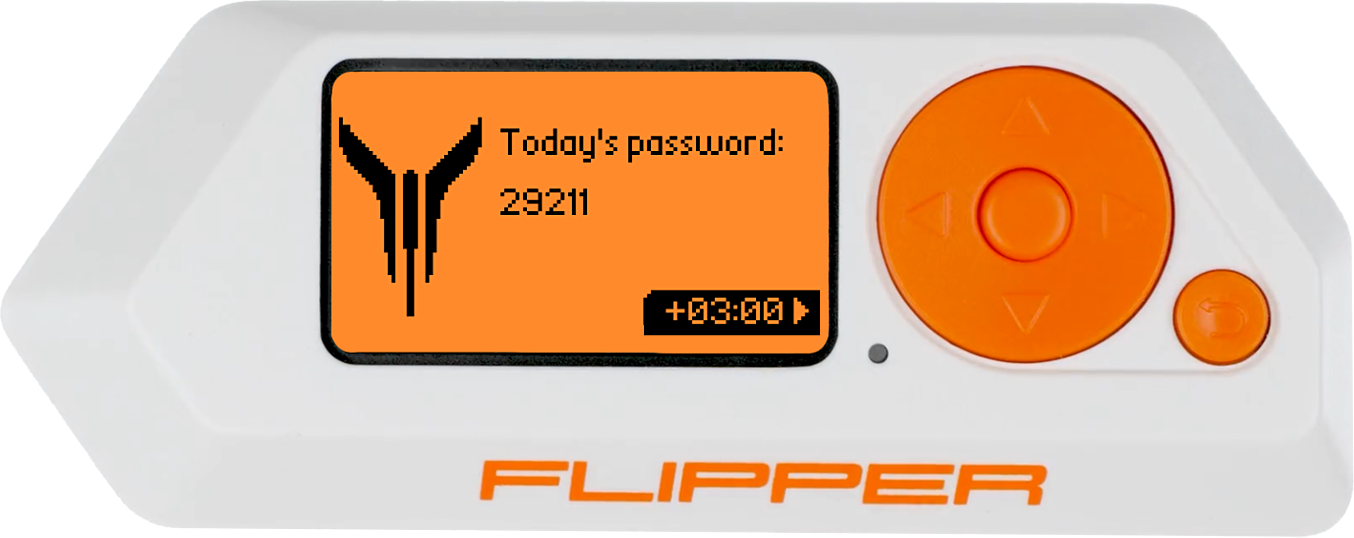 Белый гаджет Flipper с оранжевым экраном, на котором написано «Today's password: 29211» и таймер +03:00, рядом — оранжевый джойстик и кнопка.