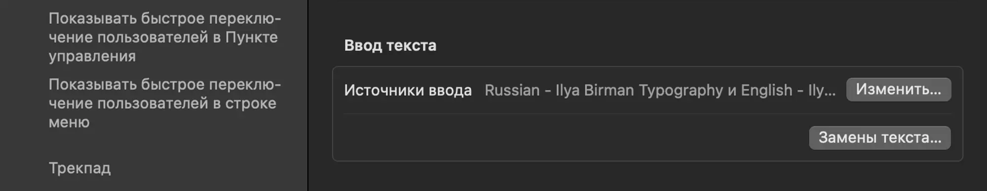 Настройки ввода текста: источники Russian - Ilya Birman Typography и English - Ily..., кнопки «Изменить...» и «Замены текста...», слева — опции быстрого переключения пользователей.