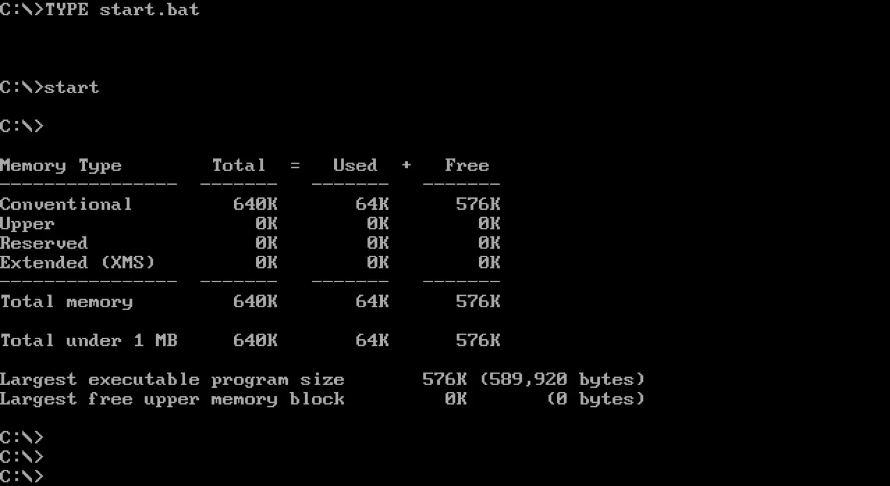 Скриншот командной строки DOS: после выполнения команды TYPE start.bat и запуска start отображается таблица распределения памяти (640K всего, 64K использовано, 576K свободно).