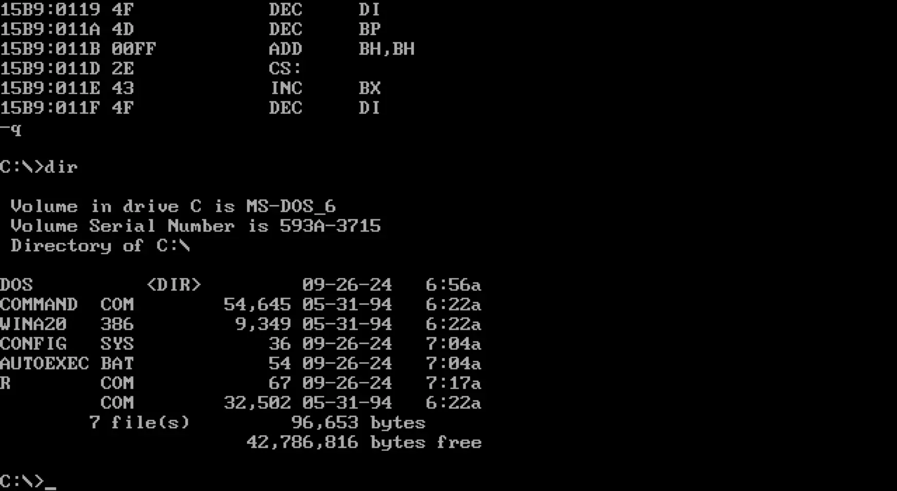 Скриншот интерфейса MS-DOS 6: вывод команды dir для диска C:\ с файлами COMMAND.COM, WINA20.386, CONFIG.SYS, AUTOEXEC.BAT и другими, объёмом 96 653 байт, свободно 42 786 816 байт.