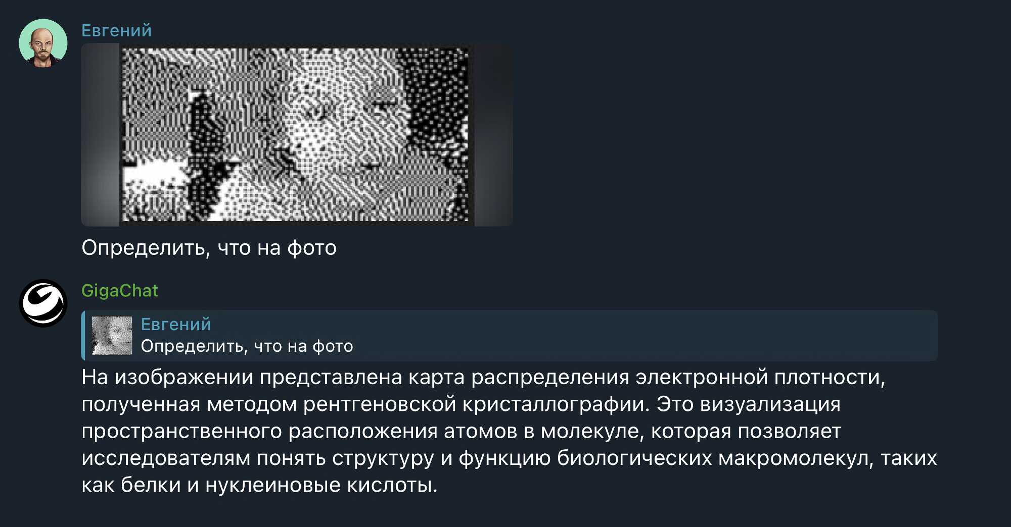 Чёрно-белая карта распределения электронной плотности молекулы, полученная рентгеновской кристаллографией; визуализация атомов в биологических макромолекулах.