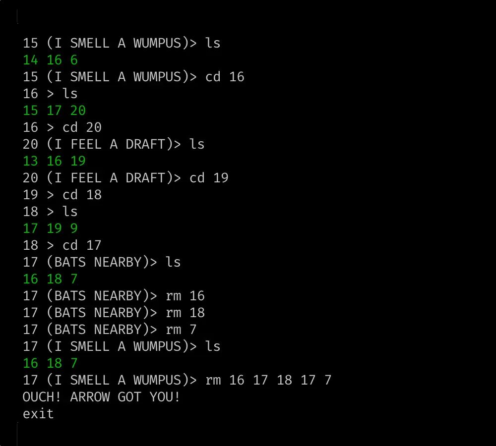 Текст игры «Hunt the Wumpus» в терминале: команды ls, cd, rm, сообщения о запахах, сквозняках, летучих мышах и финальное «OUCH! ARROW GOT YOU!