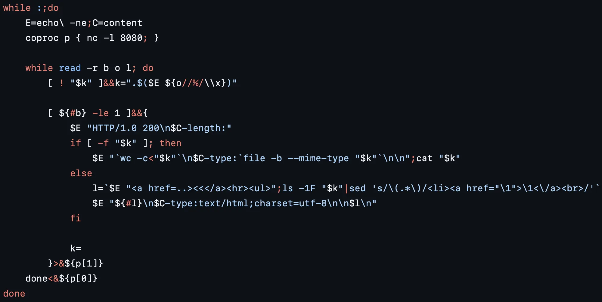 Скрипт на bash, реализующий простой HTTP-сервер на порту 8080 с помощью netcat, который отдаёт файлы или генерирует HTML-список директорий.
