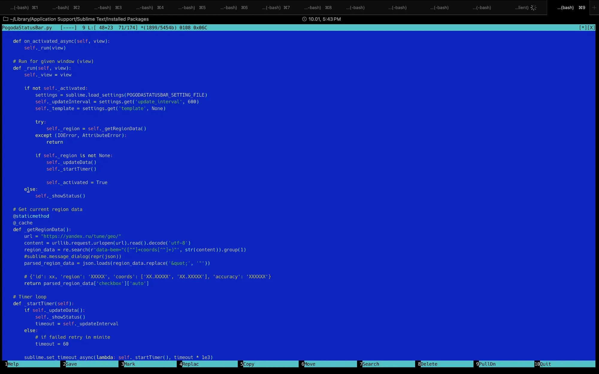 Скриншот редактора Sublime Text с открытым файлом PogodaStatusBar.py, содержащим Python-код для получения данных о регионе через API Яндекс.Погоды и настройки таймера обновления.