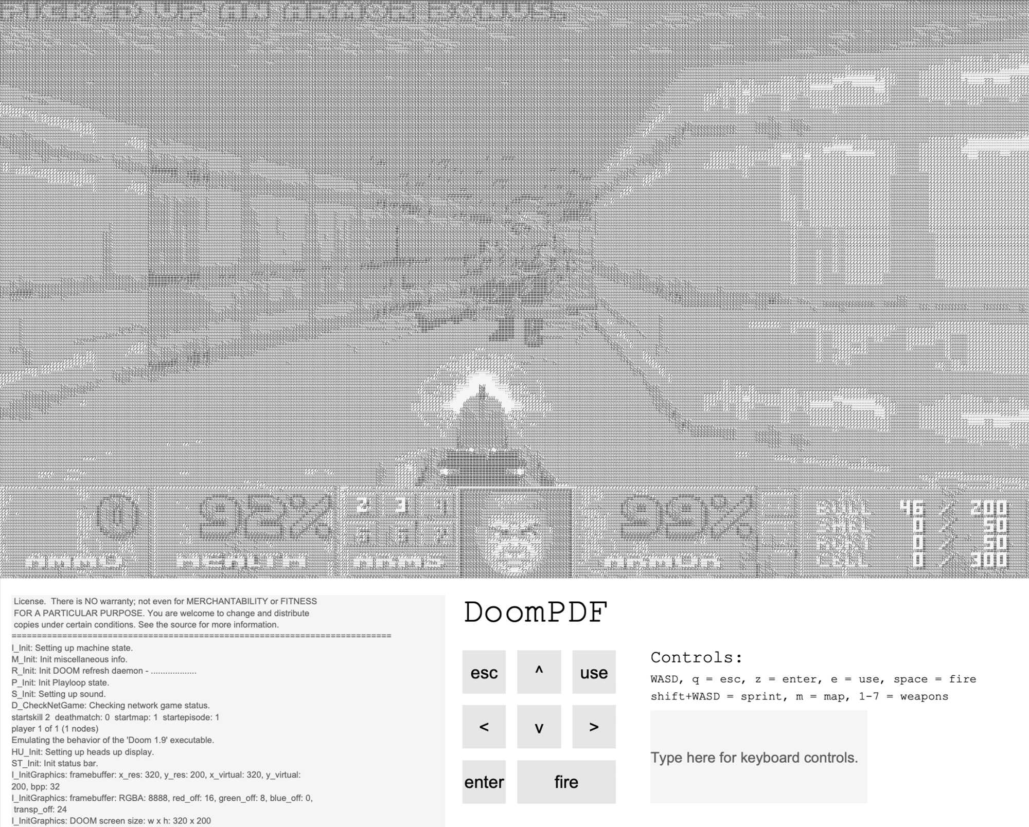 Скриншот интерфейса DoomPDF: пиксельный вид из игры, панель управления с кнопками (esc, use, enter, fire), список команд инициализации и описание управления клавишами WASD.