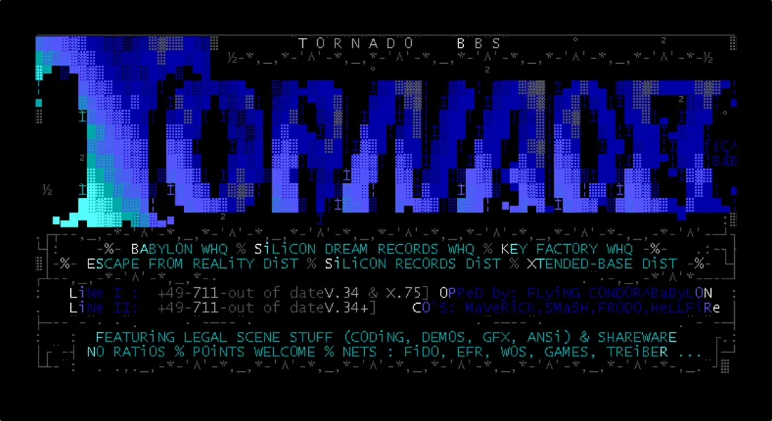 Скриншот интерфейса BBS TORNADO с текстом на английском: список групп (BABYLON, SiLICON DREAM), контакты, упоминания демо-сцены, кодирования и shareware.