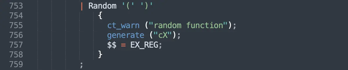 Фрагмент кода с функцией Random, содержащий вызов ct_warn, generate и присваивание $$ = EX_REG