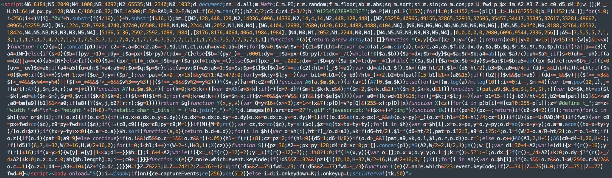 Скриншот кода на JavaScript с функциями для генерации случайных чисел, обработки событий клавиатуры и отрисовки графики в браузере.