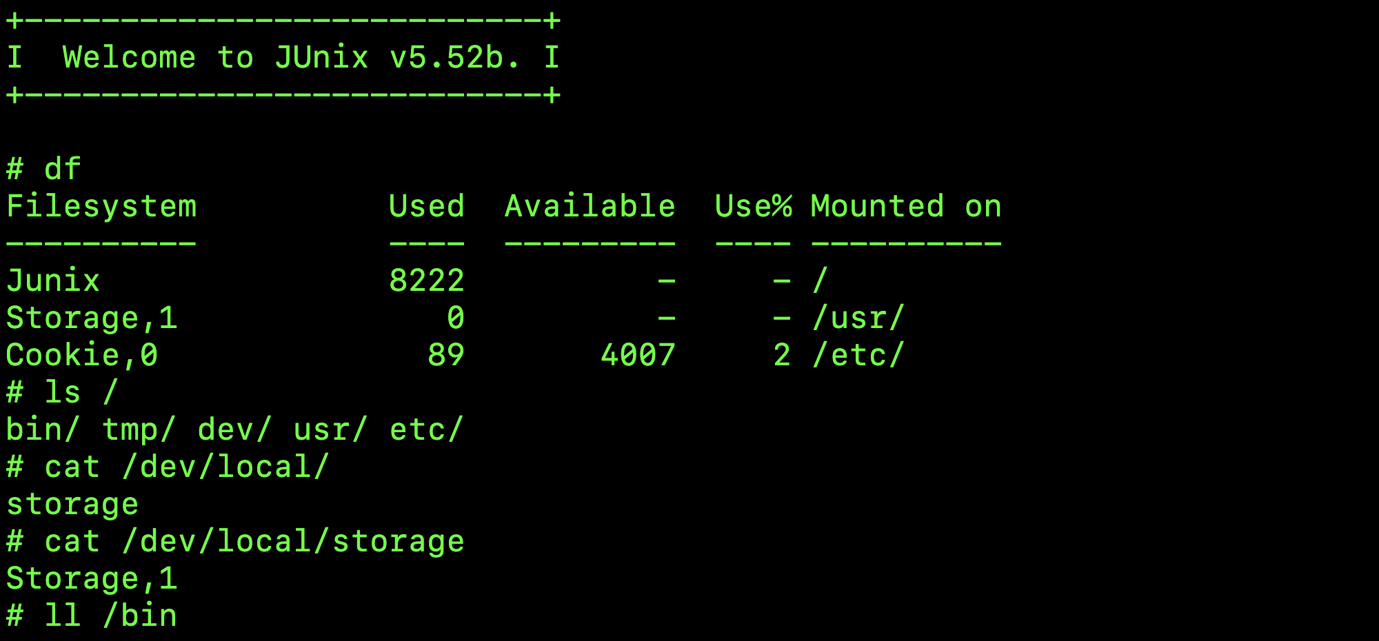 Терминал JUnix v5.52b: вывод команд df (разделы Unix, Storage,1, Cookie,0), ls / (bin/, tmp/, dev/, usr/, etc/), cat /dev/local/storage (Storage,1) и ll /bin.