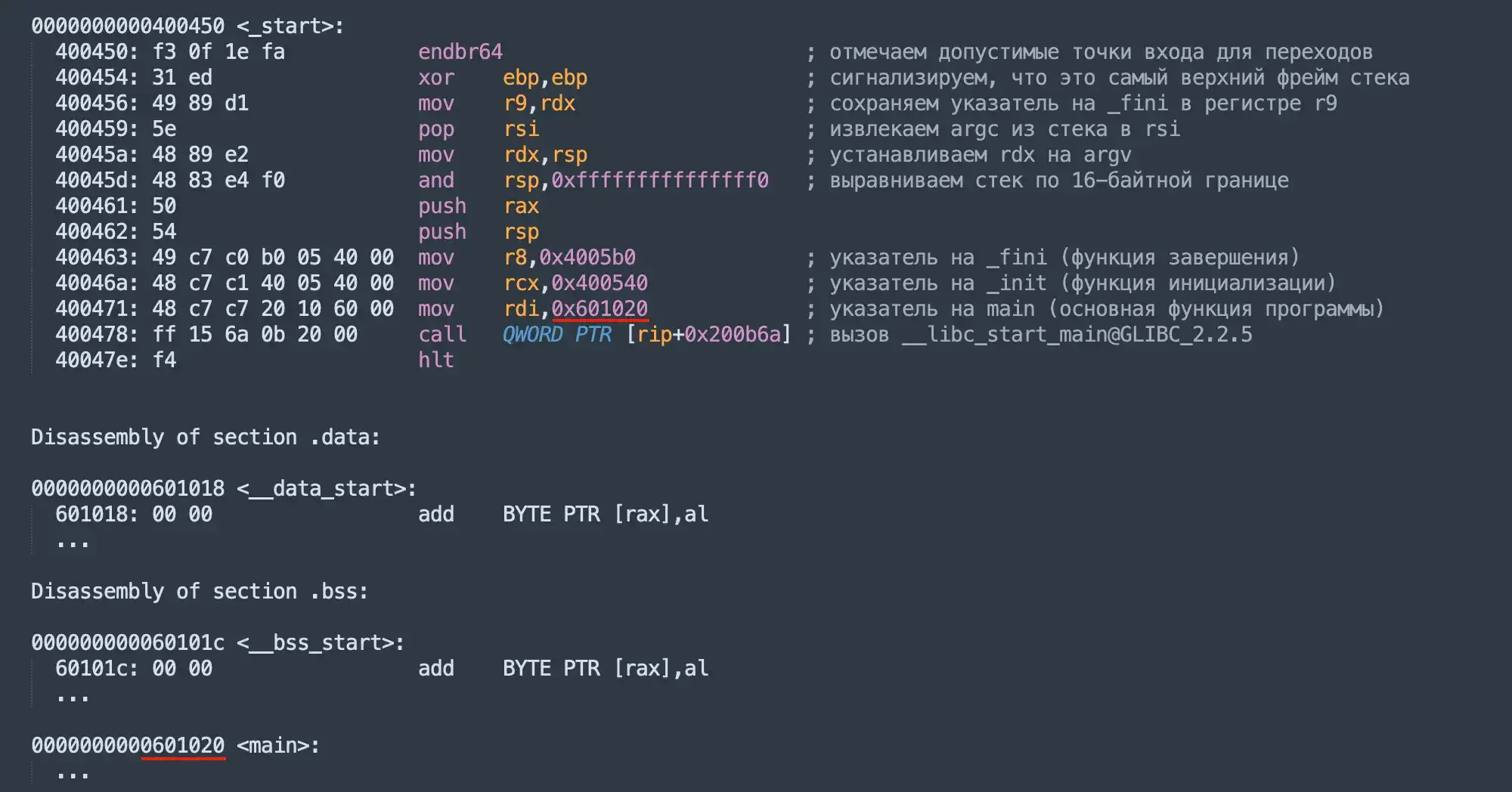 Скриншот кода x86-64: секция _start инициализирует стек, указывает на _init, _fini, main и вызывает __libc_start_main@GLIBC_2.2.5.