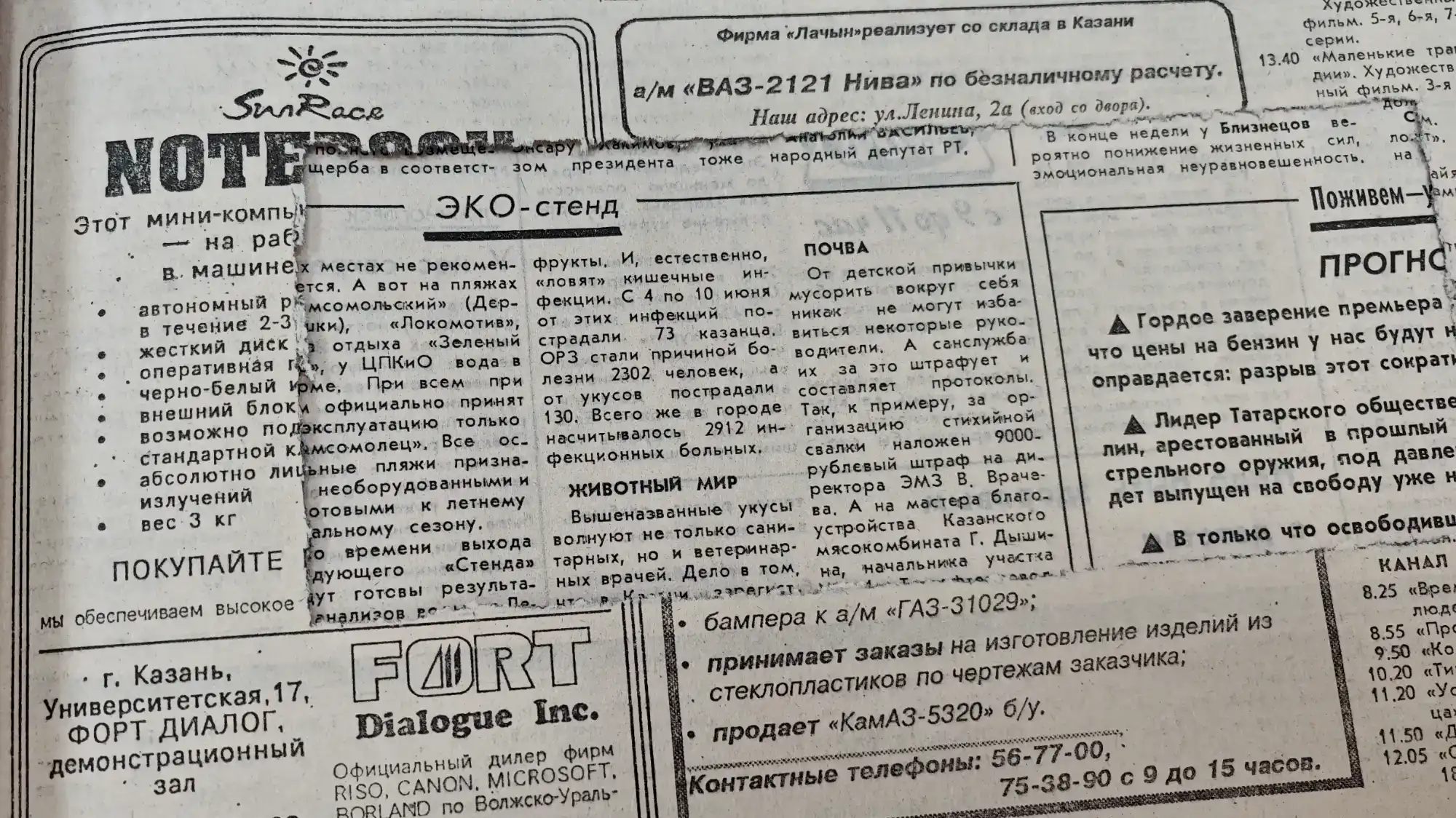 Газетная страница с рекламой: мини-компьютер SunRace, продажа ВАЗ-2121 Нивы и ГАЗ-31029, услуги FORT Dialogue Inc., статьи об экологии, болезнях, животных и прогнозах погоды.
