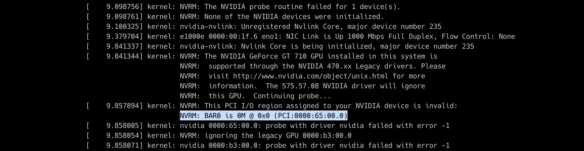 Лог ошибки NVRM: BAR0 is 0M @ 0x0 (PCI:0000:65:00.0), указывающий на невалидную область PCI I/O для GPU GeForce GT 710.