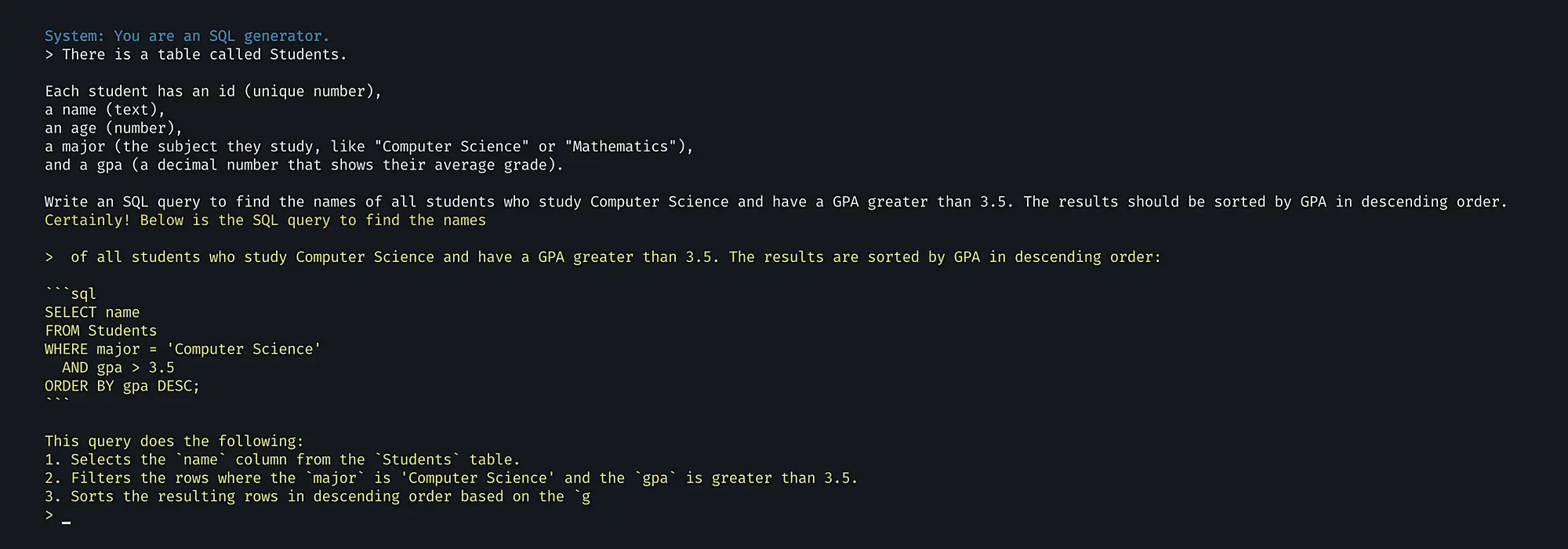 SQL-запрос для поиска имён студентов по специальности «Computer Science» с GPA > 3.5, отсортированных по убыванию GPA.