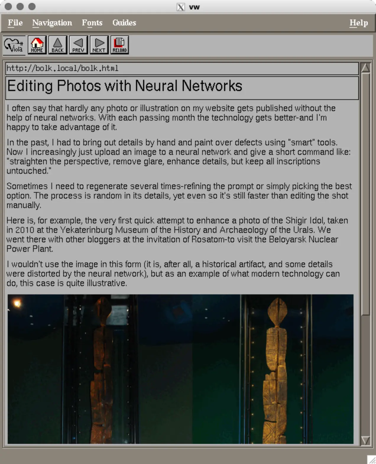 Скриншот веб-страницы с заголовком «Editing Photos with Neural Networks» и текстом о редактировании фото нейросетями, включая пример улучшения фотографии Шигирского идола.