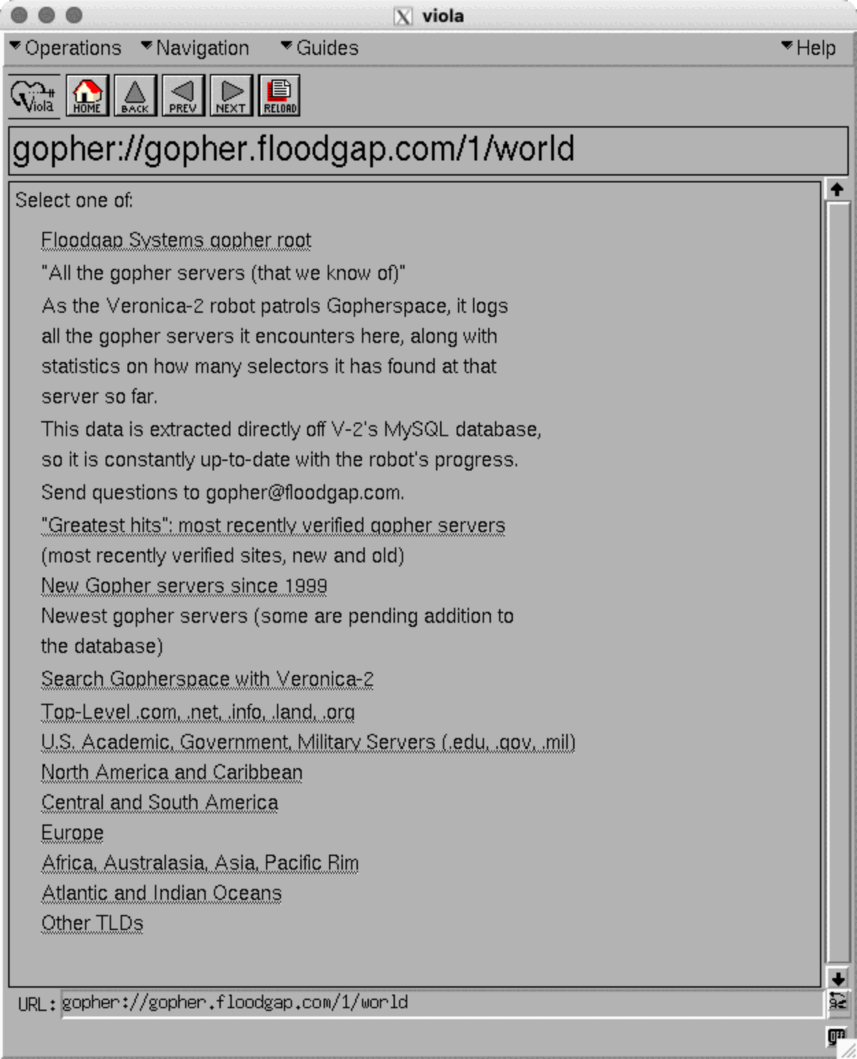Скриншот браузера Viola: адрес gopher://gopher.floodgap.com/1/world и список ссылок на серверы Gopher, включая Floodgap Systems, Greatest hits и новые серверы.