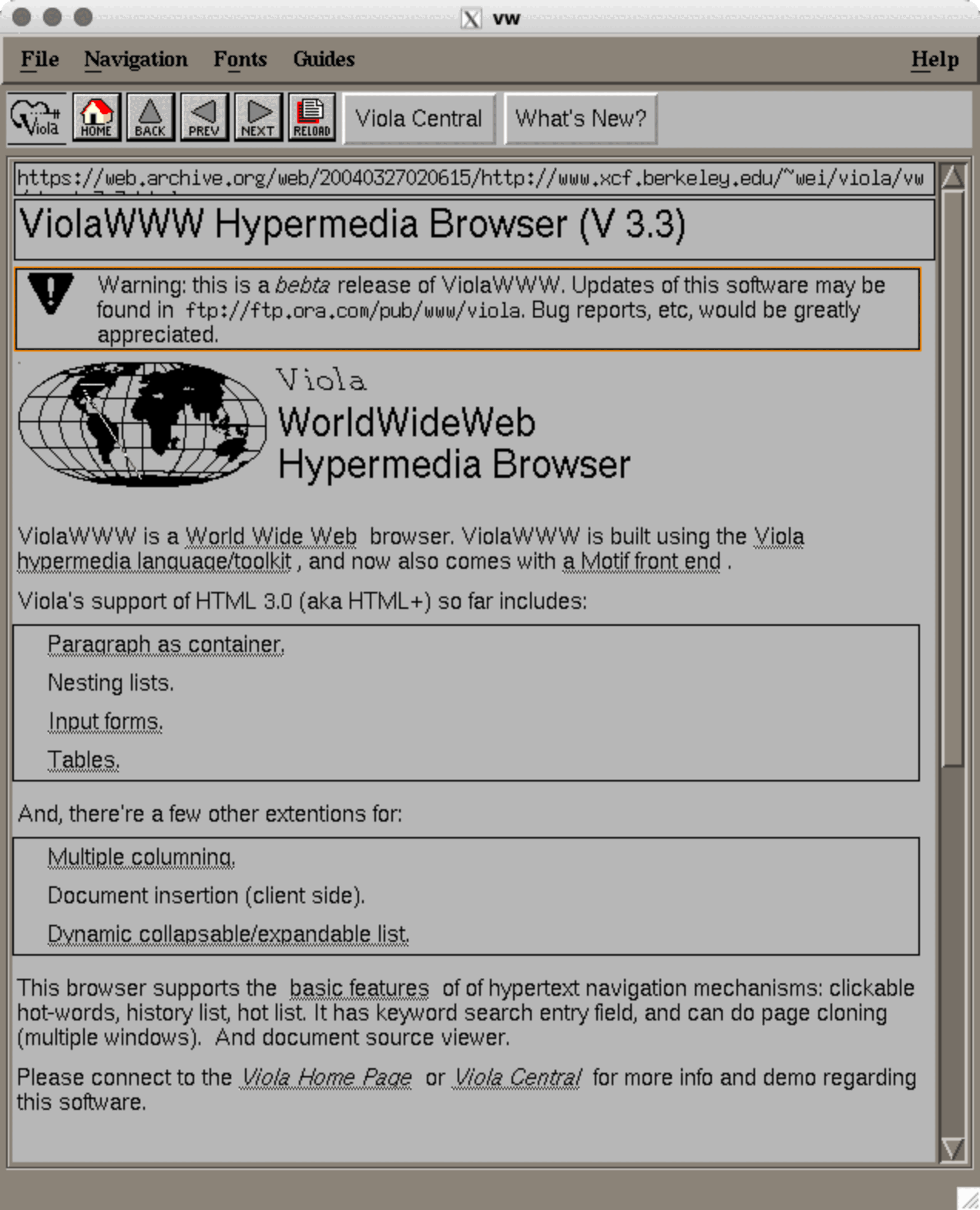 Скриншот интерфейса браузера ViolaWWW Hypermedia Browser (V 3.3) с предупреждением о бета-версии, описанием функций поддержки HTML 3.0 и навигационными элементами.
