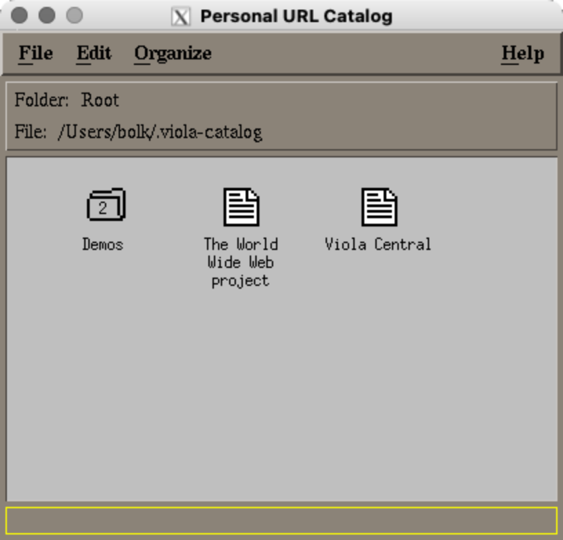 Скриншот окна программы Personal URL Catalog с меню File, Edit, Organize, Help; в папке Root отображены файлы Demos, The World Wide Web project и Viola Central.