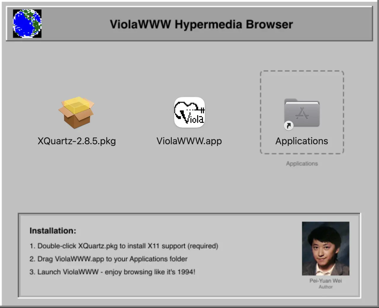 Скриншот окна установки ViolaWWW Hypermedia Browser: иконки XQuartz-2.8.5.pkg и ViolaWWW.app, папка Applications, инструкция по установке и фото автора Pei-Yuan Wei.