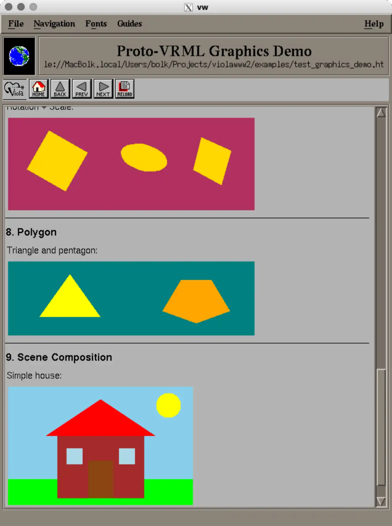 Скриншот веб-страницы «Proto-VRML Graphics Demo» с примерами: жёлтые фигуры на розовом фоне, треугольник и пятиугольник, простая красная домик с солнцем.