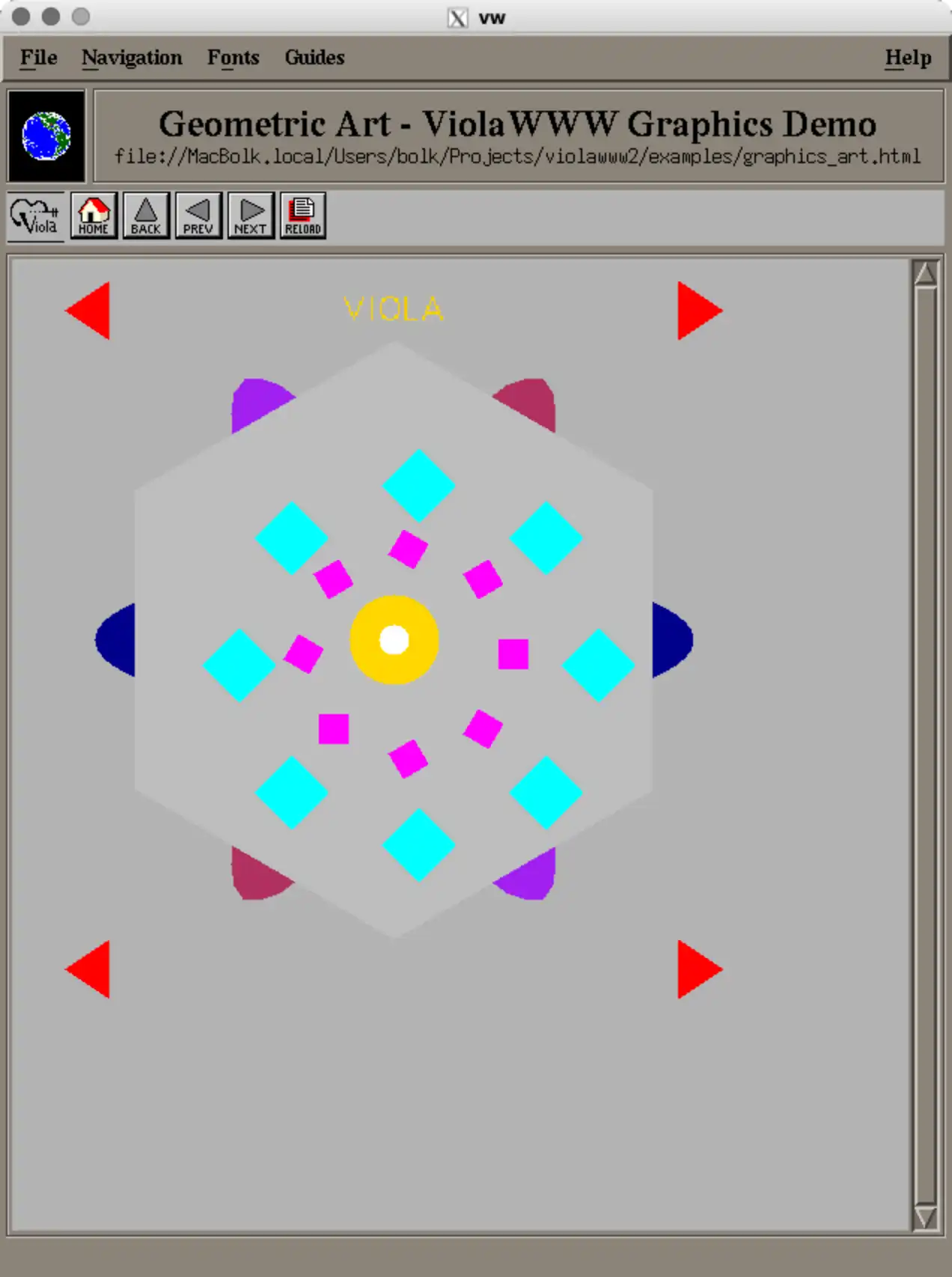 Скриншот окна браузера ViolaWWW с заголовком «Geometric Art - ViolaWWW Graphics Demo» и геометрической композицией из разноцветных фигур на сером фоне.
