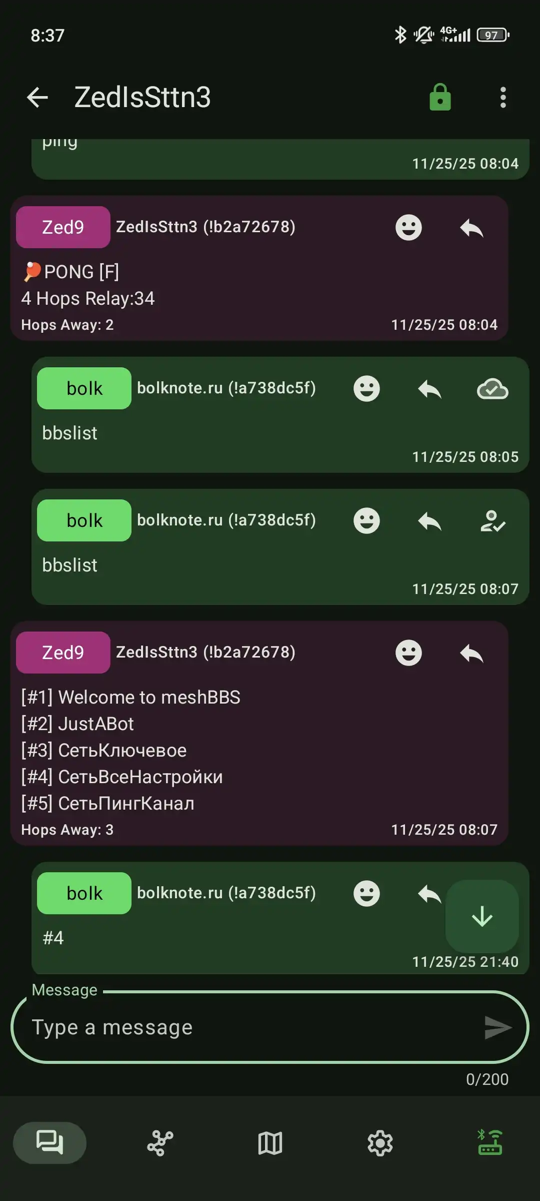 Скриншот чата в meshBBS: сообщения от Zed9 и bolknote.ru с командами bbslist, приветствием и списком каналов на русском и английском.