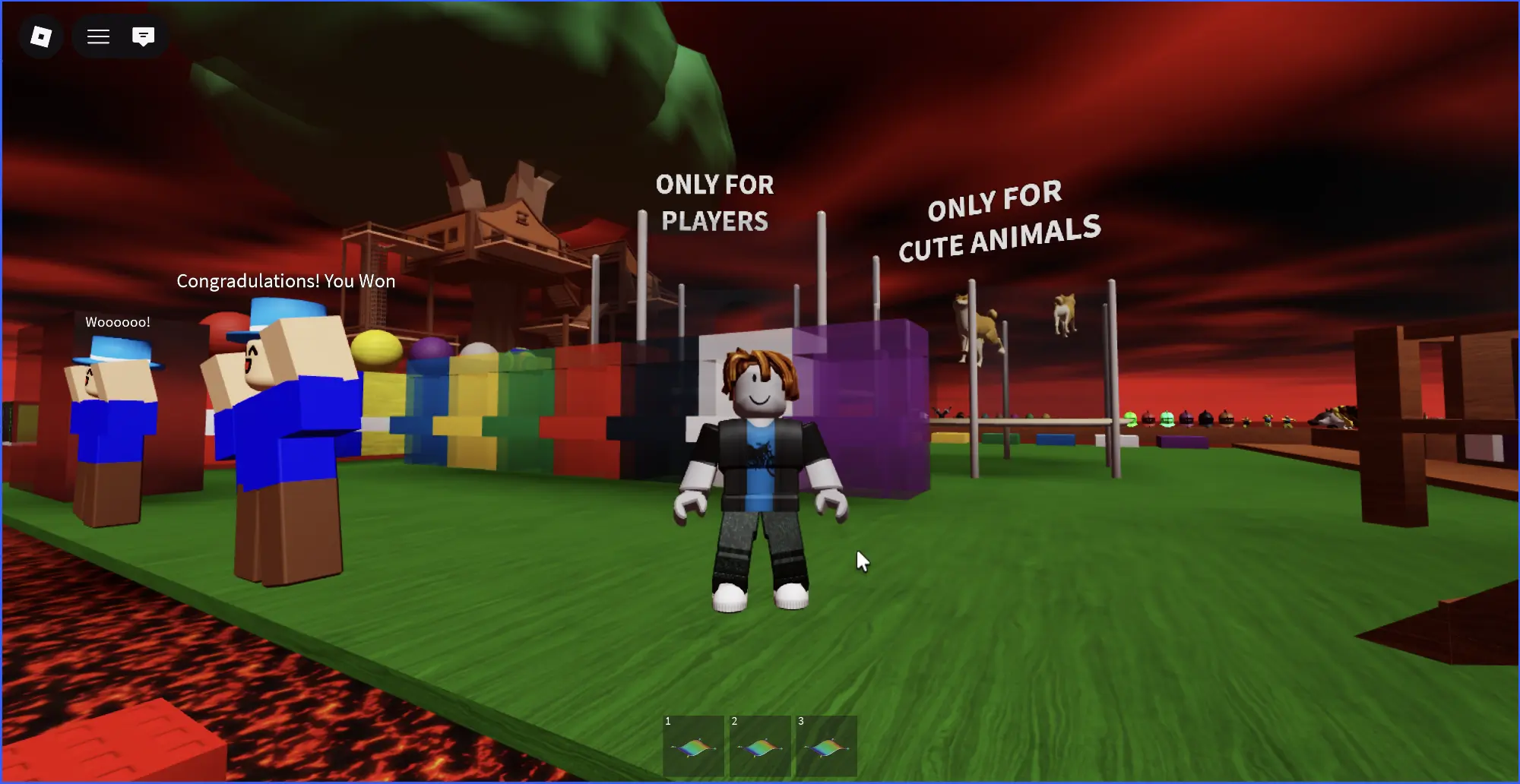 Скриншот Roblox: аватар на платформе, надписи «ONLY FOR PLAYERS», «ONLY FOR CUTE ANIMALS», «Congratulations! You Won», «Woooooo!
