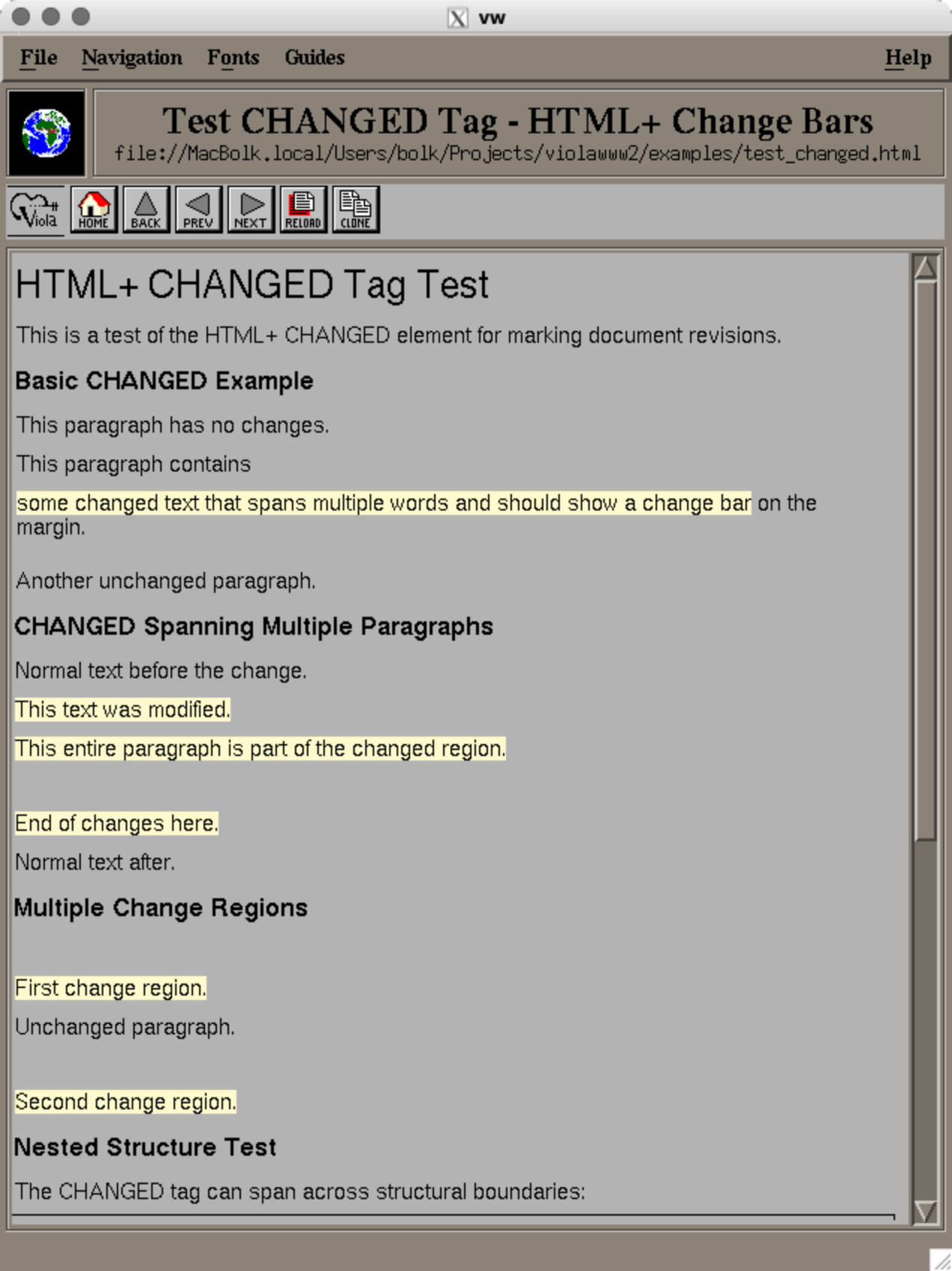 Скриншот веб-страницы «Test CHANGED Tag - HTML+ Change Bars» с примерами выделения изменённых фрагментов текста жёлтым фоном и заголовками разделов.