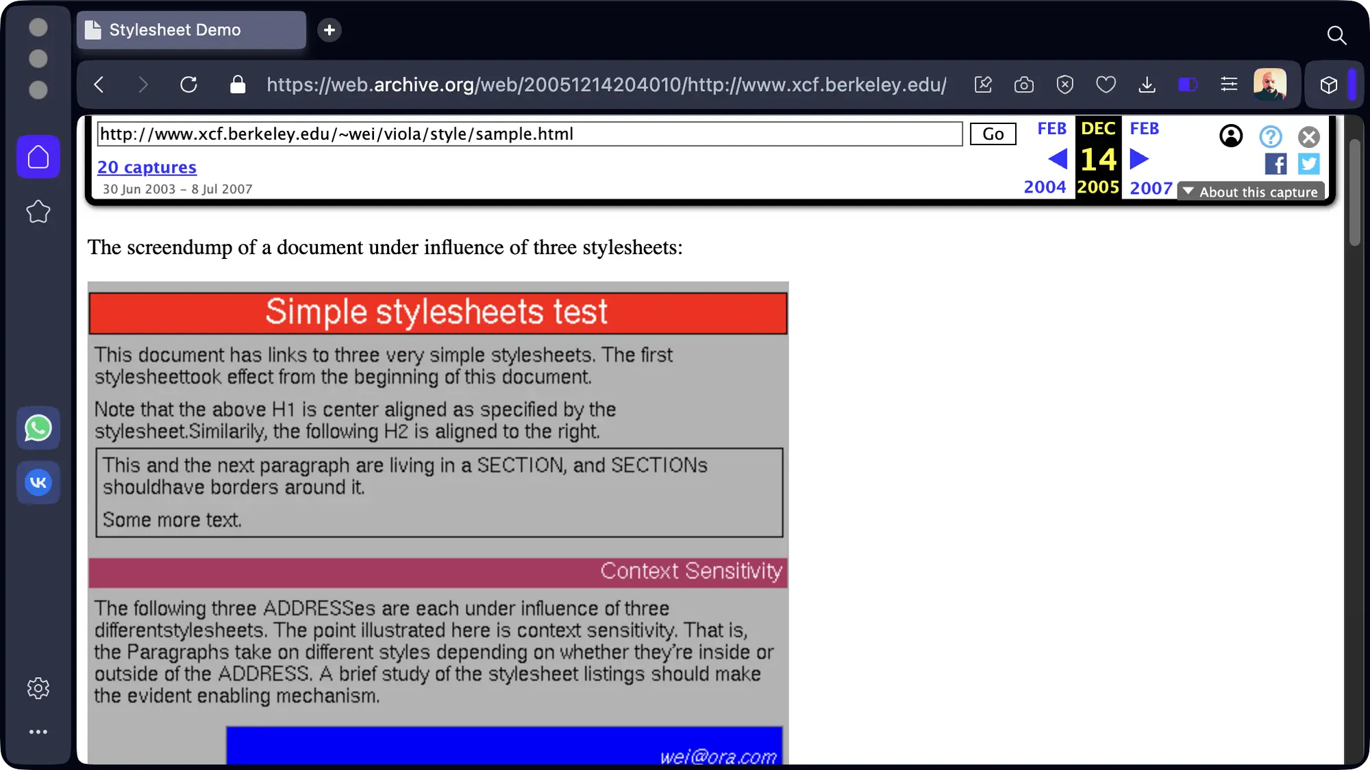Скриншот веб-страницы с заголовком «Simple stylesheets test» и текстом о влиянии трёх стилевых таблиц на оформление документа, включая выравнивание заголовков и стилизацию секций.