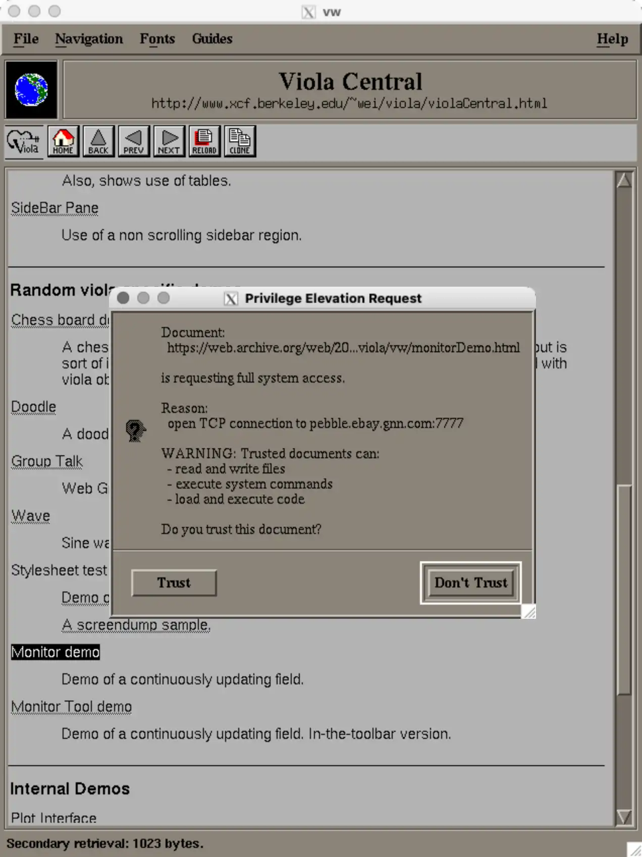 Скриншот окна «Privilege Elevation Request» в Viola WWW Browser: запрос полного доступа для TCP-соединения с pebble.ebay.gnn.com:7777, кнопки Trust/Don’t Trust.
