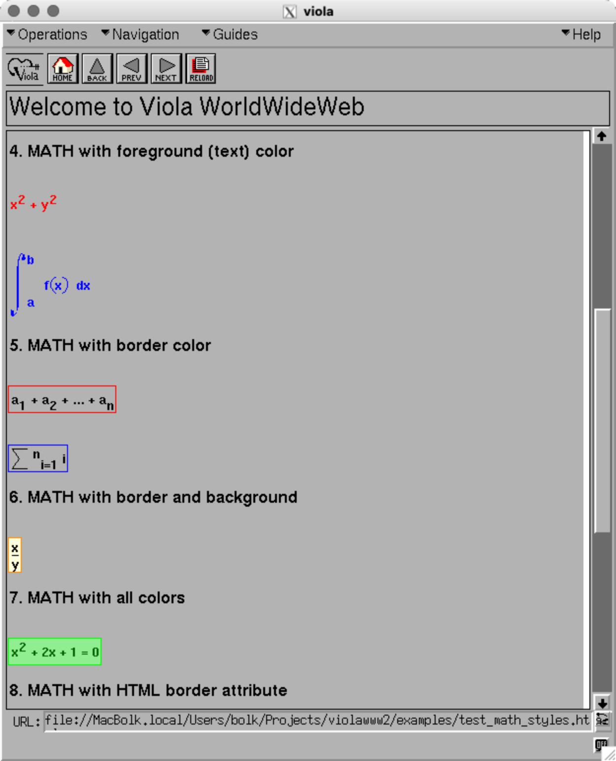 Скриншот браузера Viola WWW с примерами математических формул: x²+y², интеграл, сумма a₁+...+aₙ, Σi, x/y, x²+2x+1=0, с цветными рамками и фоном.