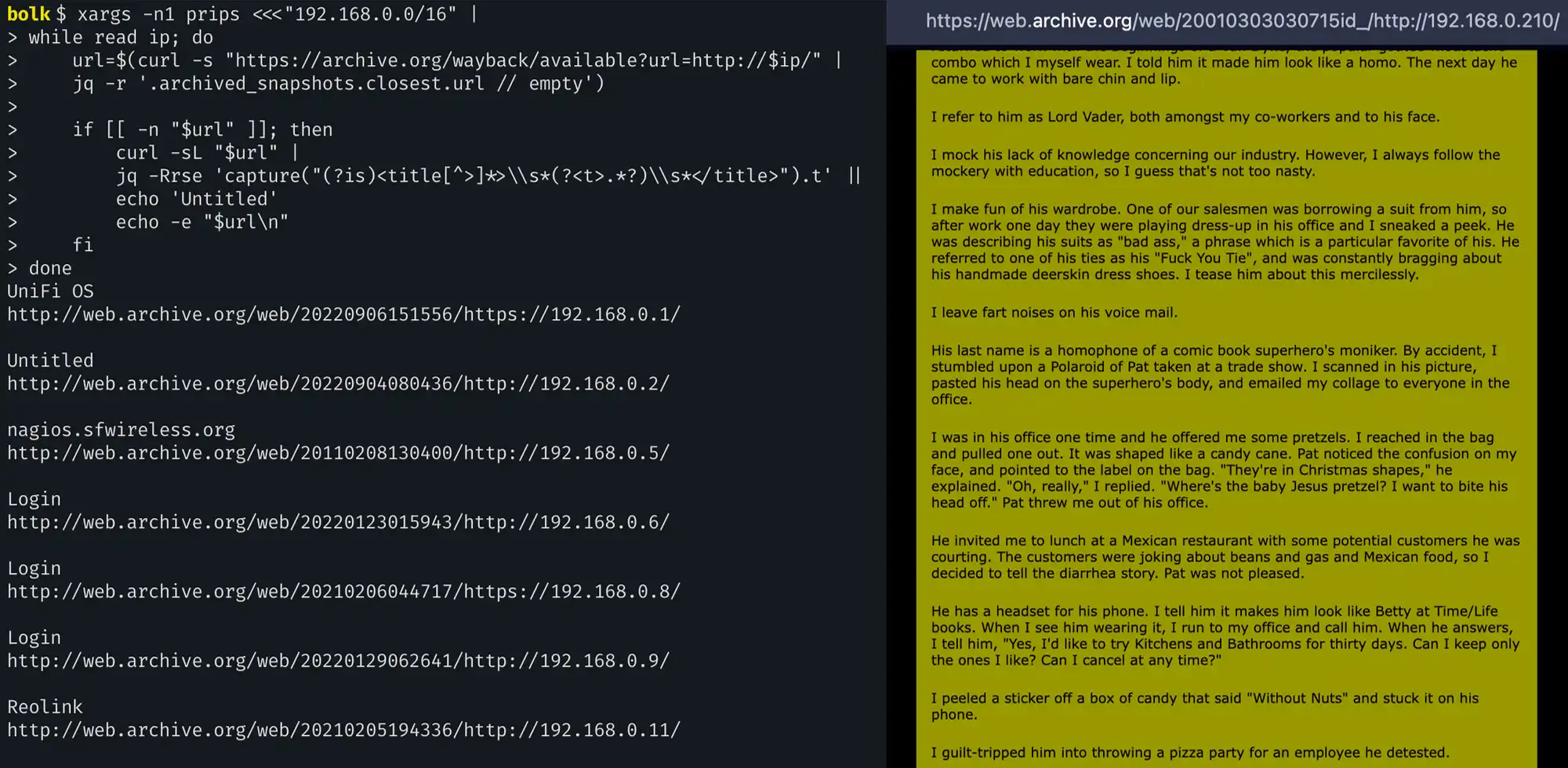 Скриншот терминала с bash-скриптом для проверки доступности IP-адресов через Wayback Machine и вывода заголовков страниц; справа — текст с юмористическими историями о коллеге.