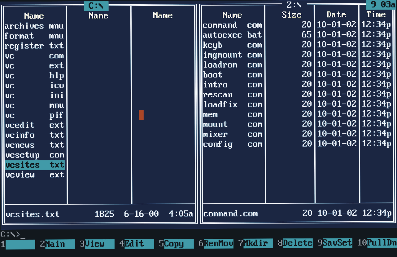 Скриншот интерфейса Norton Commander: два окна с файлами (C:\ и 2:\), выделен файл vcsites.txt, внизу меню команд и статусная строка.