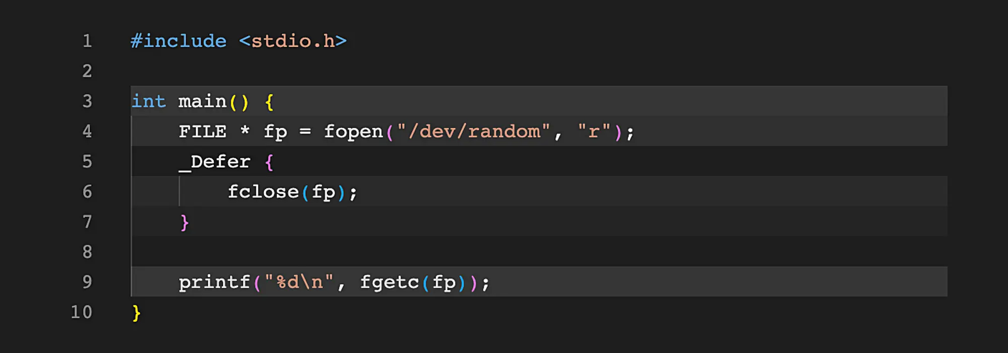 Код на C с использованием _Defer для автоматического закрытия файла /dev/random и вывода одного случайного байта через fgetc.