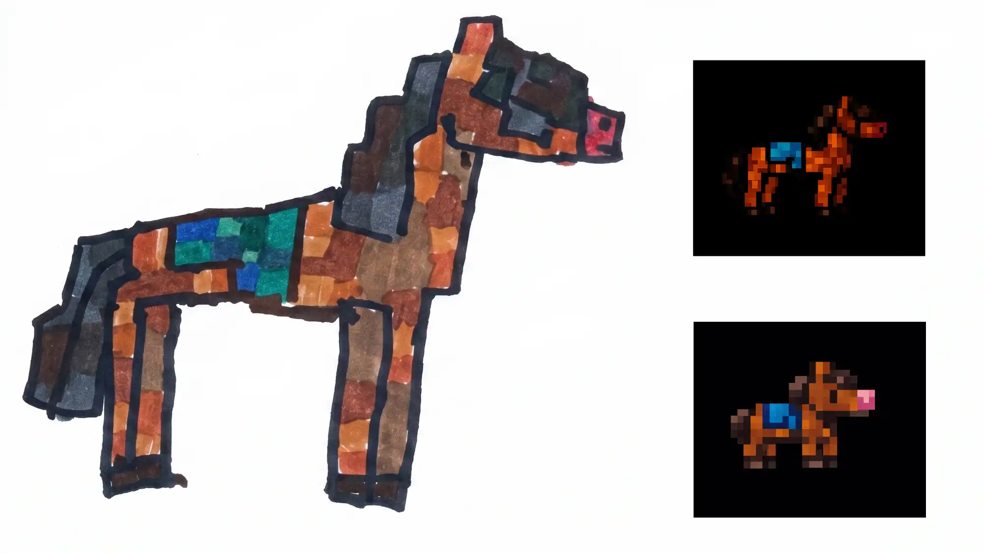 Рисунок лошади в стиле Minecraft с пиксельной текстурой и синим седлом, рядом два уменьшенных пиксельных изображения той же лошади на чёрном фоне.