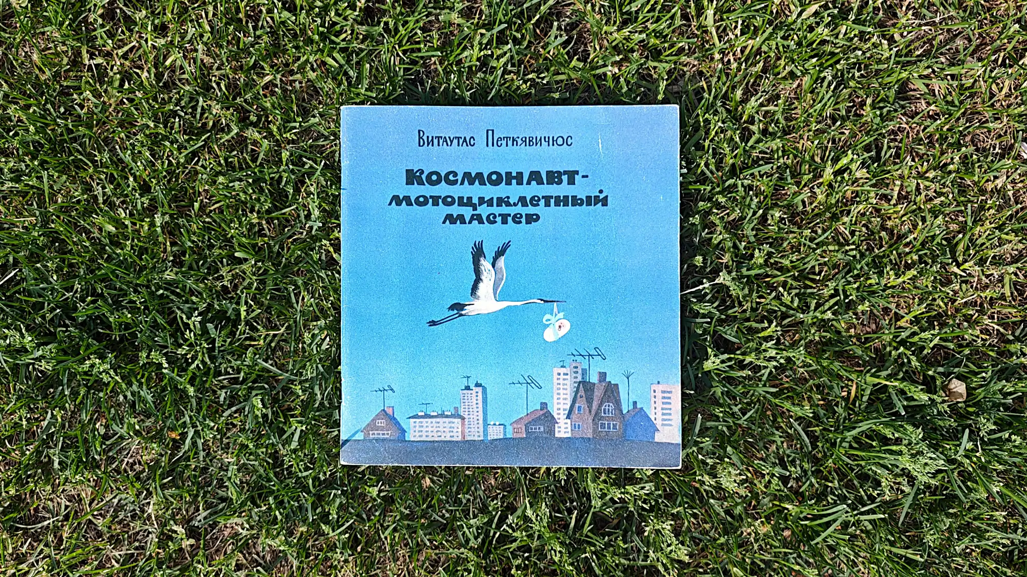 Обложка книги Витутаса Петкявичюса «Космонавт-мотоциклетный мастер»: аист летит над городом, неся в клюве сверток.