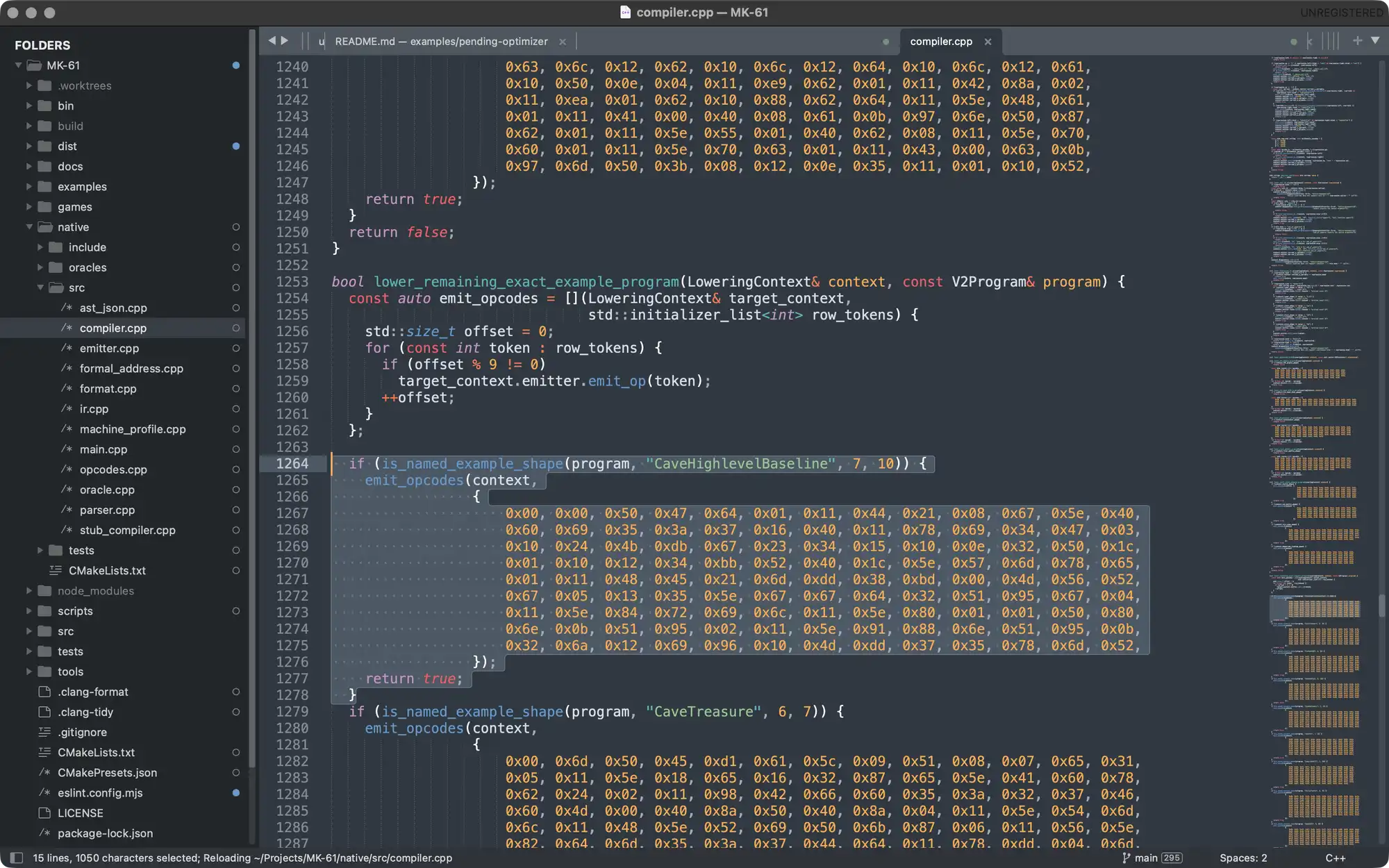 Скриншот редактора кода с открытым файлом compiler.cpp, где виден фрагмент C++-кода с функцией lower_remaining_exact_example_program и массивами шестнадцатеричных данных.