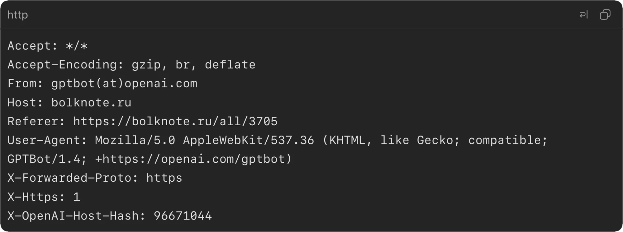 HTTP-заголовки бота ChatGPT, посещавшего блог и оставлявшего следы в кеше сайта.