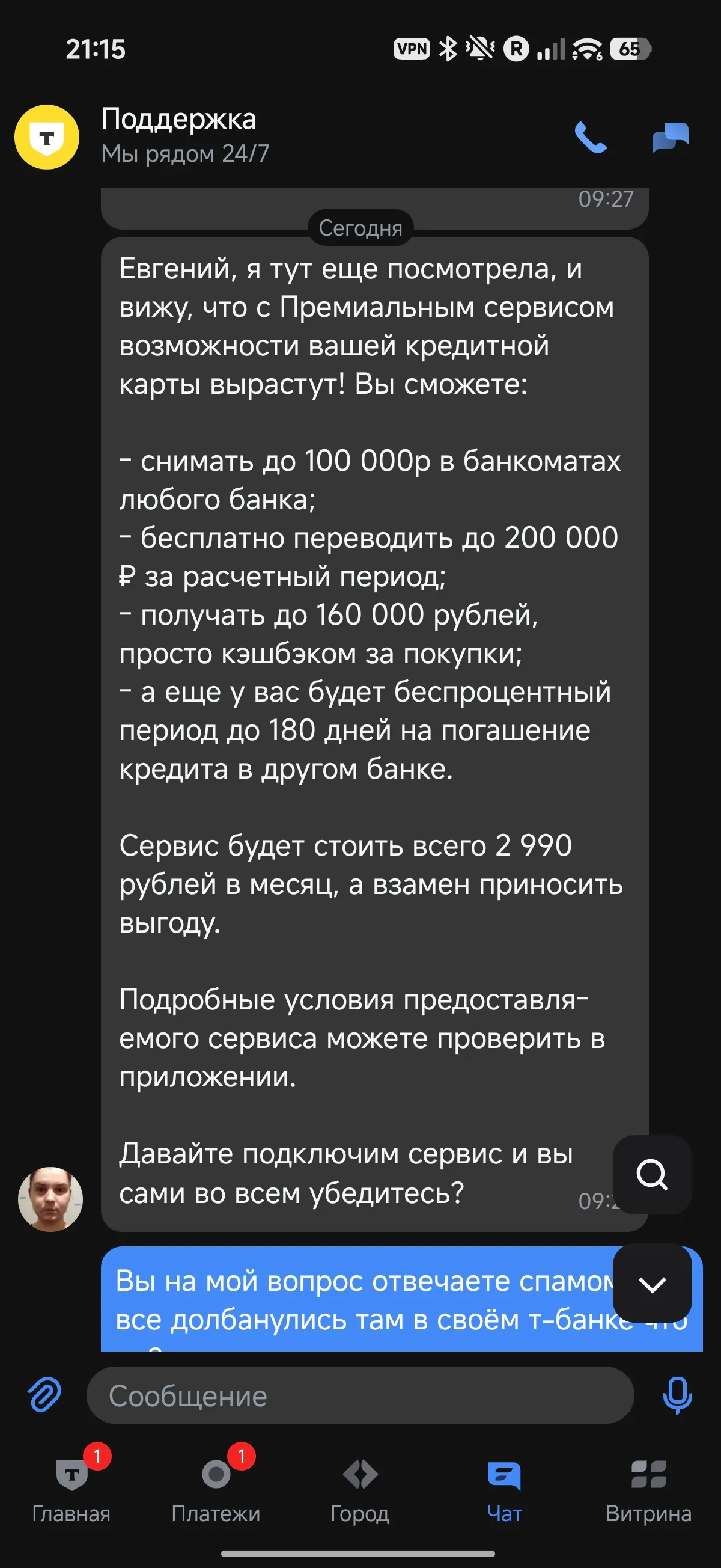 Скриншот чата поддержки Т-Банка с предложением премиального сервиса за 2990₽/месяц, включающего снятие наличных, переводы, кэшбэк и беспроцентный период кредита.